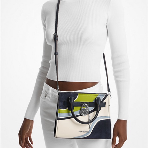 MICHAEL KORS Hamilton Small Patchwork Satchel NAVY MULTI COLOR - Picture 2 of 16